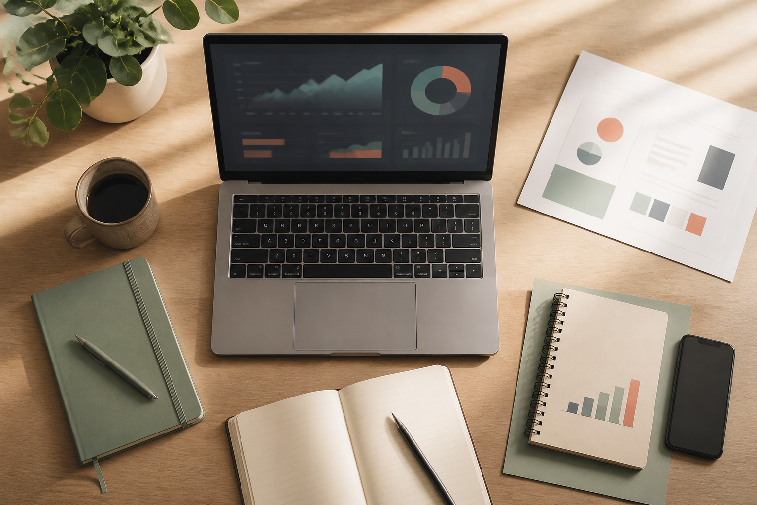 Laptop και υλικό σχεδιασμού που συμβολίζουν SEO και business analytics